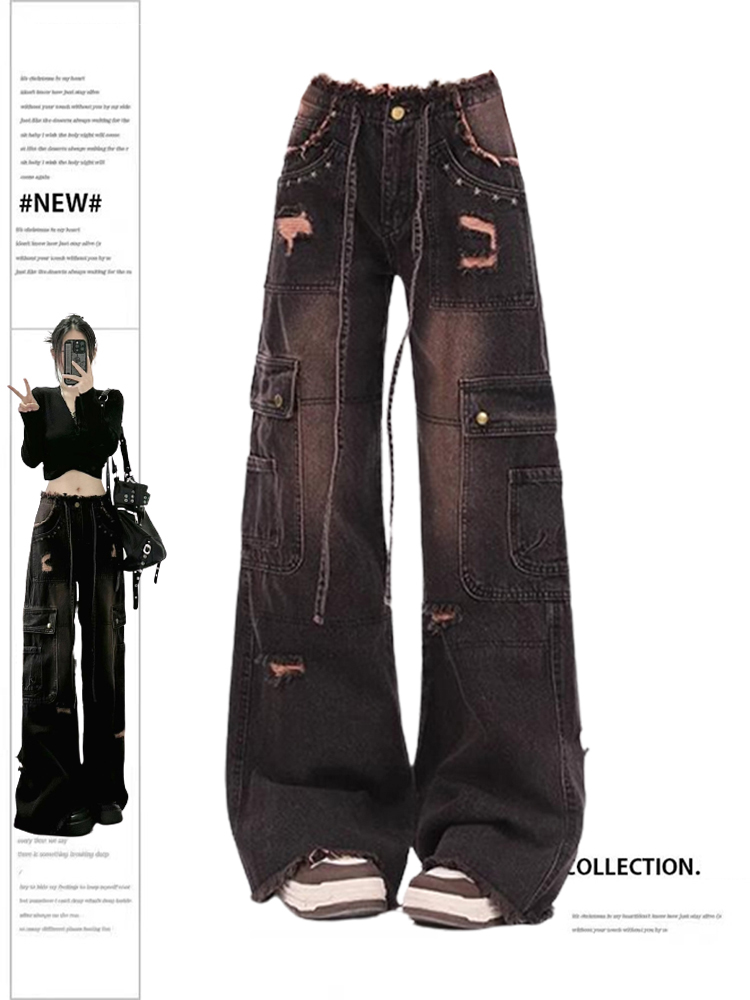 Damen 90er Jahre Vintage schwarze Gothic Cargo Jeans y2k hohe Taille weites Bein Jeans hose Harajuku Baggy Jeans hose Emo 2000s Kleidung