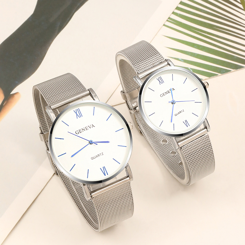 2 pçs conjunto casal moda casual relógios de luxo prata malha cinto relógio de pulso senhoras simples dial quartzo relógios de pulso vestido
