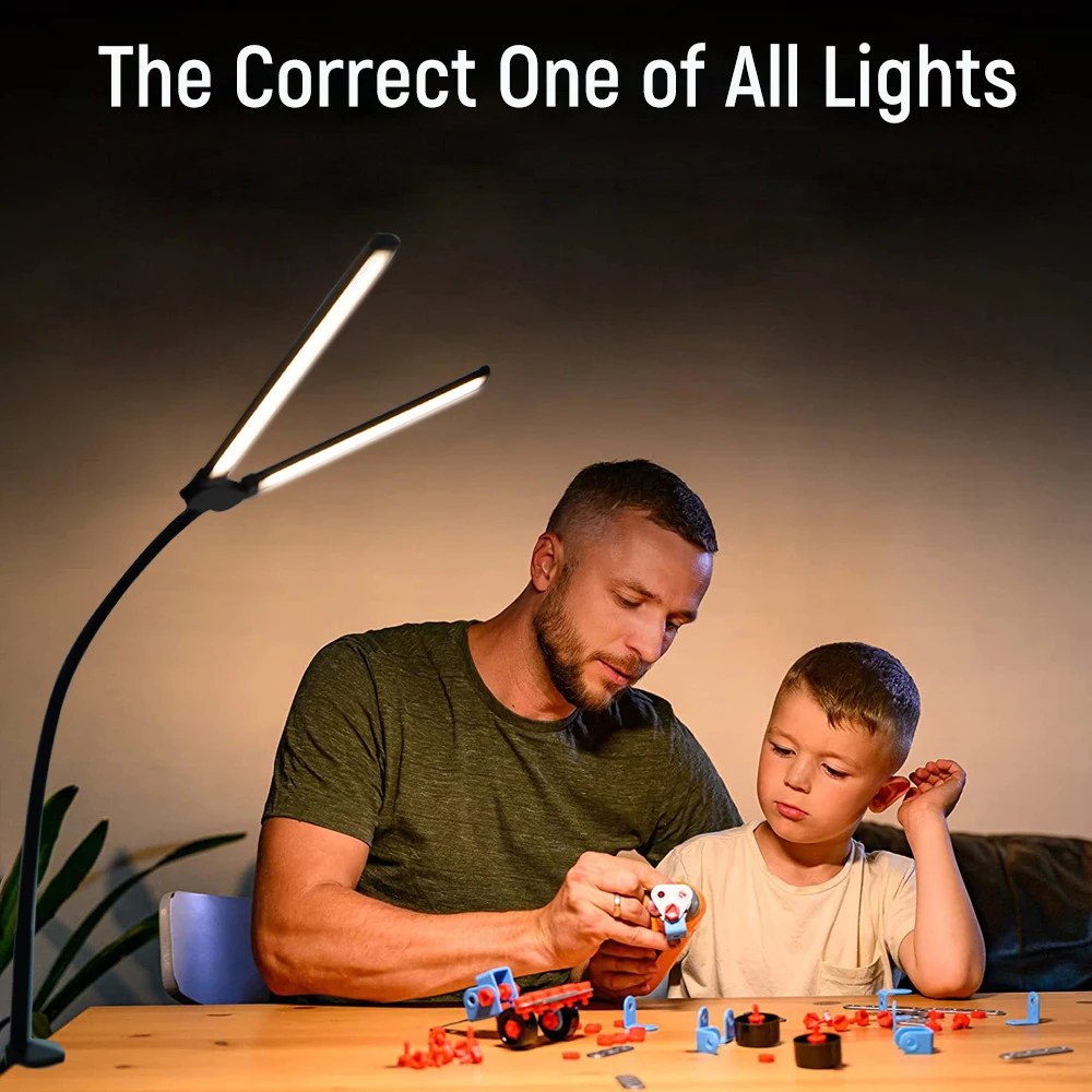 Lâmpada de mesa led para escritório doméstico, cabeça dupla, escurecimento contínuo, luzes de leitura para cuidados com os olhos, modo de 3 cores, flexível, ajustável, lâmpadas de mesa para pc
