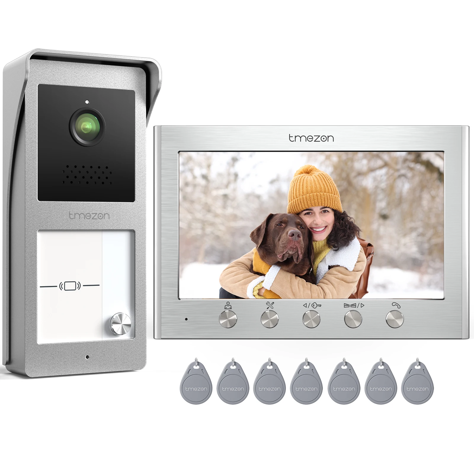 Sistema de intercomunicação com campainha de vídeo porteiro de 2 fios para segurança doméstica, monitor TMEZON de 7 polegadas com campainha com fio, cartão RFID/visão noturna