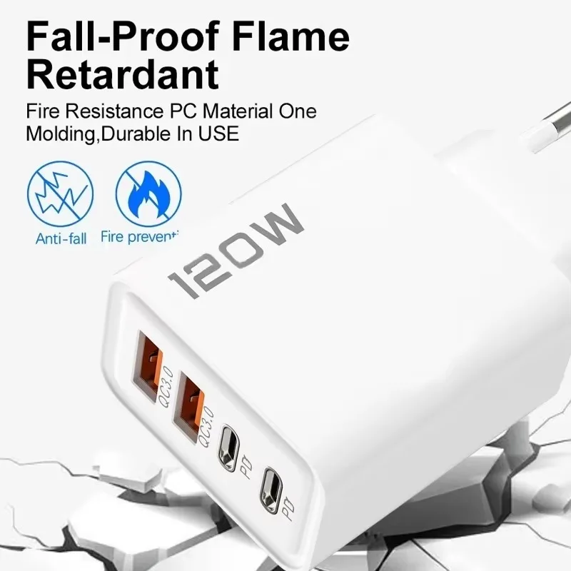120 Вт 4-портовое зарядное устройство USB типа C, кабель для быстрой зарядки данных, USB-адаптер для зарядного устройства для телефона для Samsung IPhone Xiaomi Huawei, настенное зарядное устройство