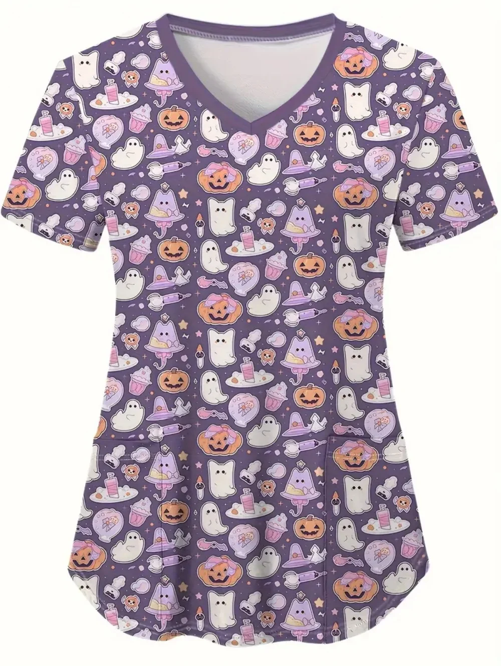 Halloween uniforme médico mulher abóbora fantasma impressão 3d verão casual com decote em v com bolsos enfermeira moda manga curta esfrega mulher