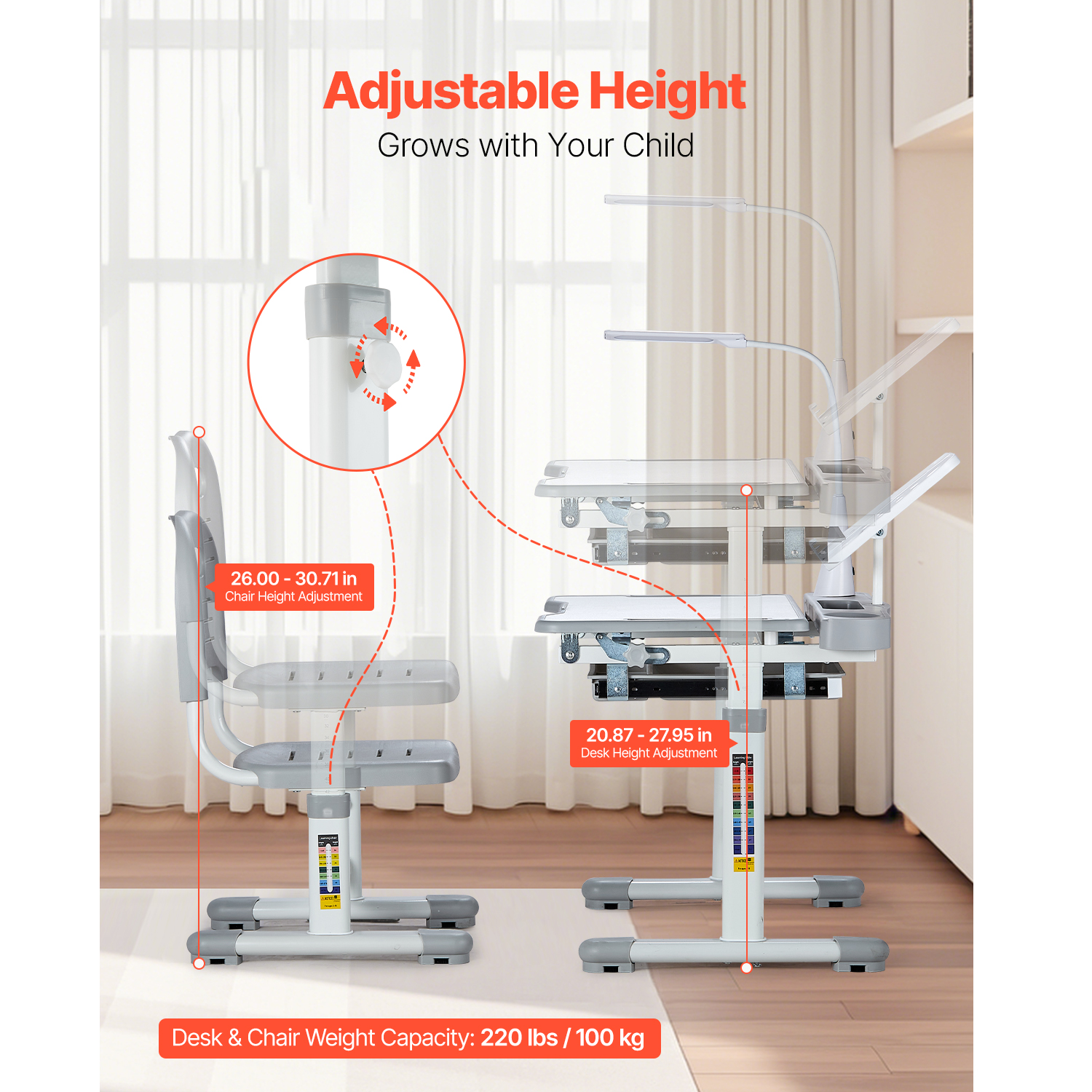 SucceBuy Kids Study Chair and Desk Set Study Desk and Chair for Kids with Table Lamp Adjustable Height  for Bedroom & Study Room