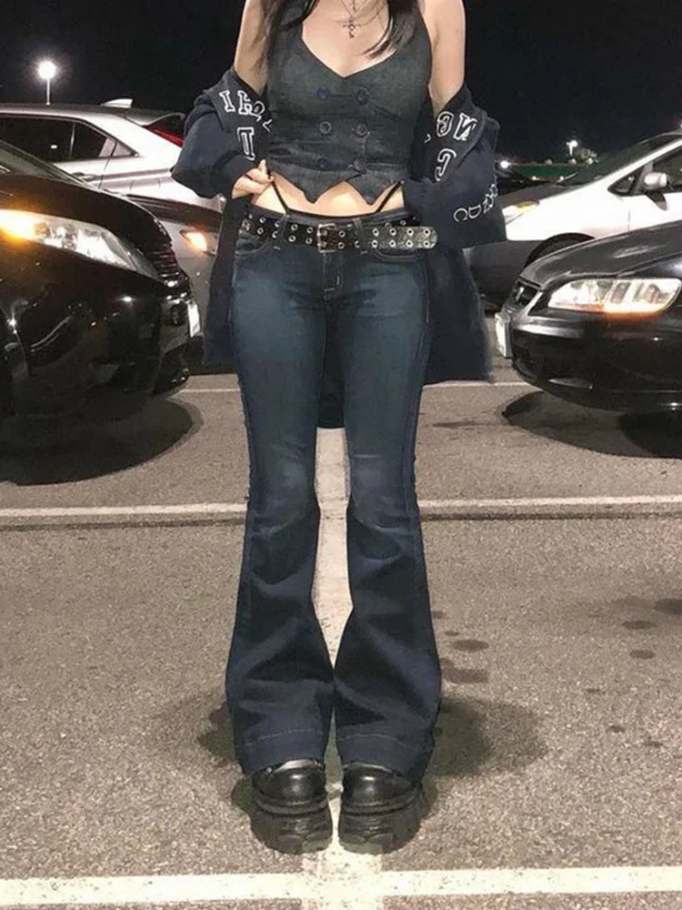 Kalevest Y2K High Street laagbouw jeans blauwe damesbroek Bootcut zakken jeans streetwear lage taille jeans wijde pijpen broek