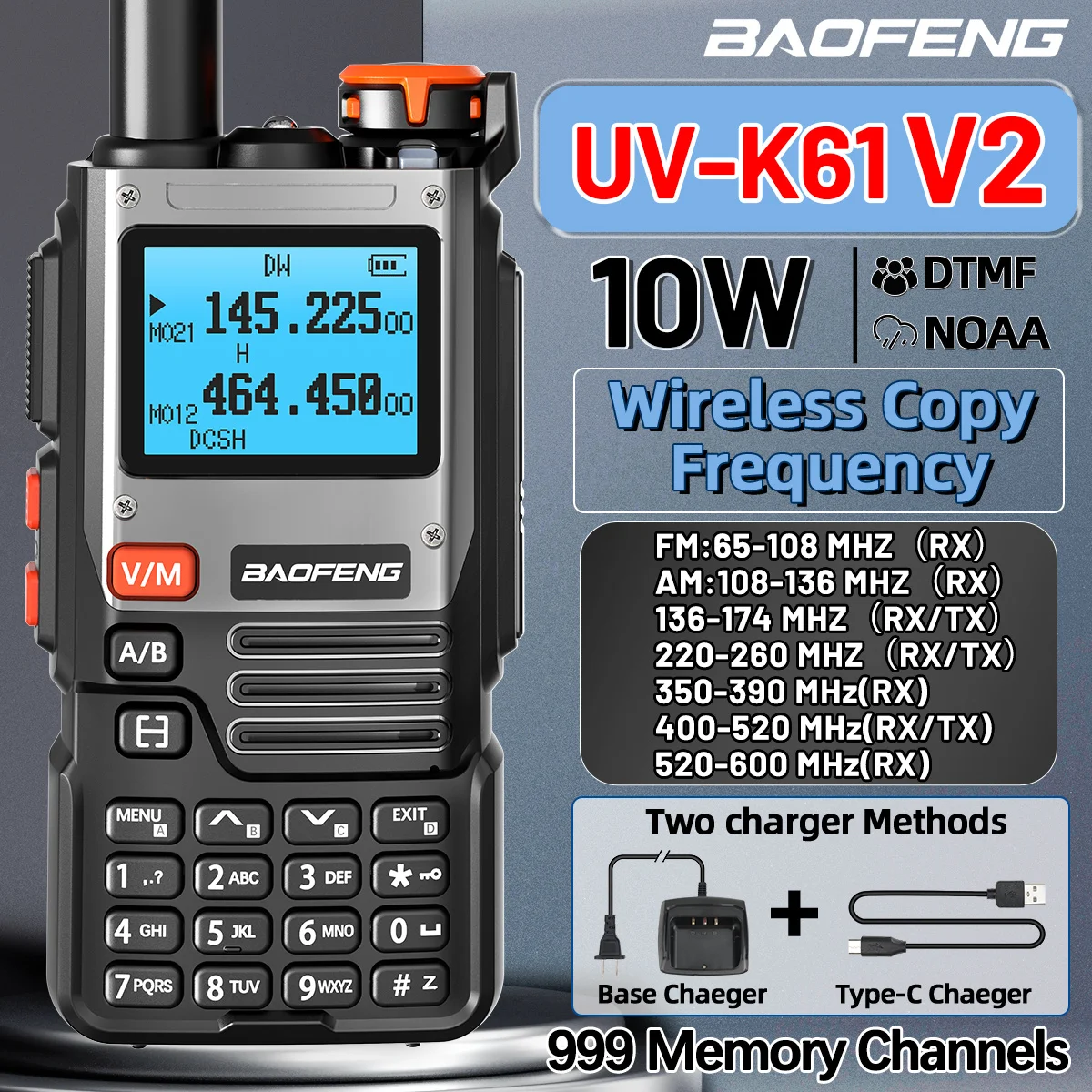 BAOFENG UV-K61 V2 Walkie Talkie Multi Band Wireless Kopierfrequenz große Reichweite 10W AM FM Typ-C NOAA UV-5RH UV-21 PRO Amateurfunk
