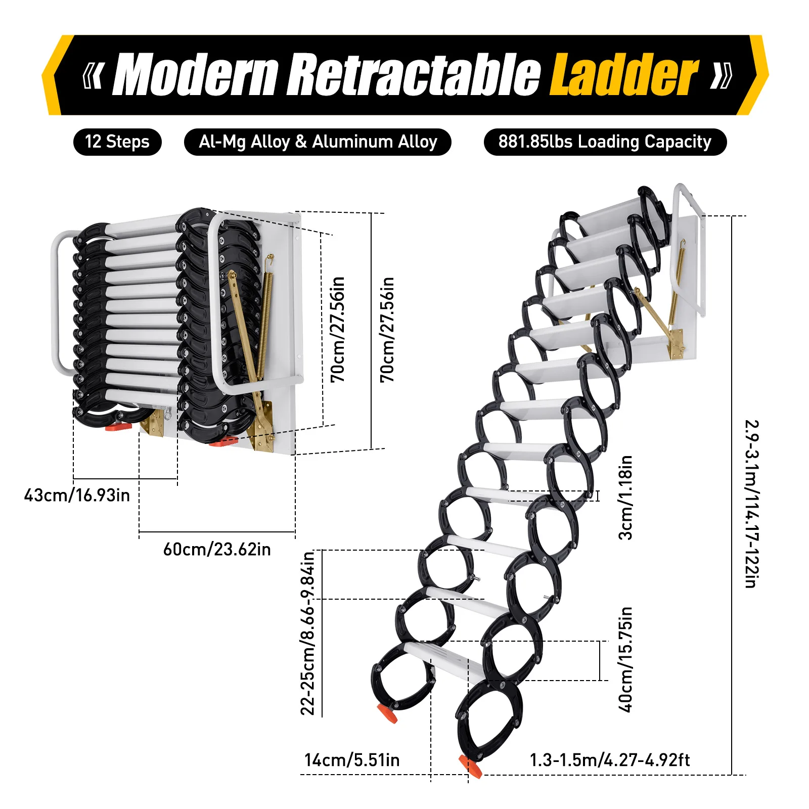 Folding Attic Ladder Wall-mounted Attic Stair Alloy Steel Spring 12 Amount Ladder With Anti-slip Feet and Safe Handrails