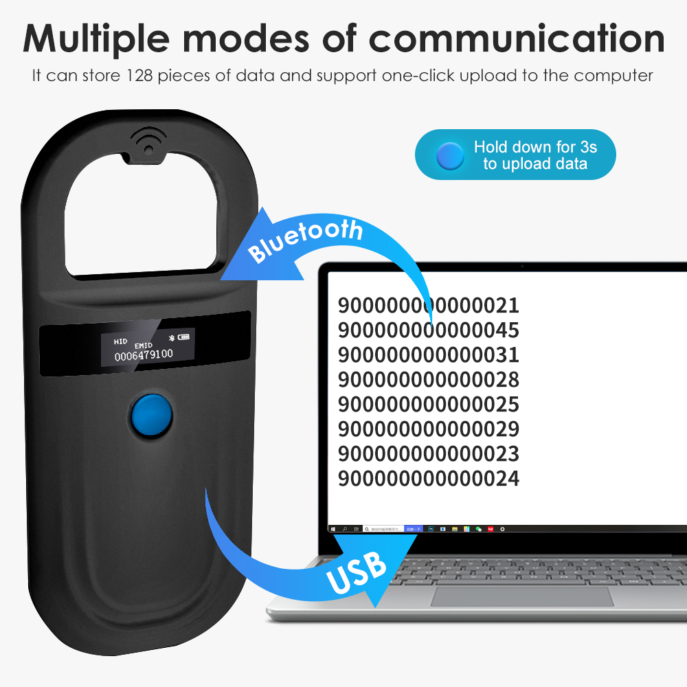 Leitor rfid de animais pretos, 134.2khz, 125khz, usb/bluetooth, scanner de microchip para cães e gatos, leitor de etiqueta de identificação de chip de vidro