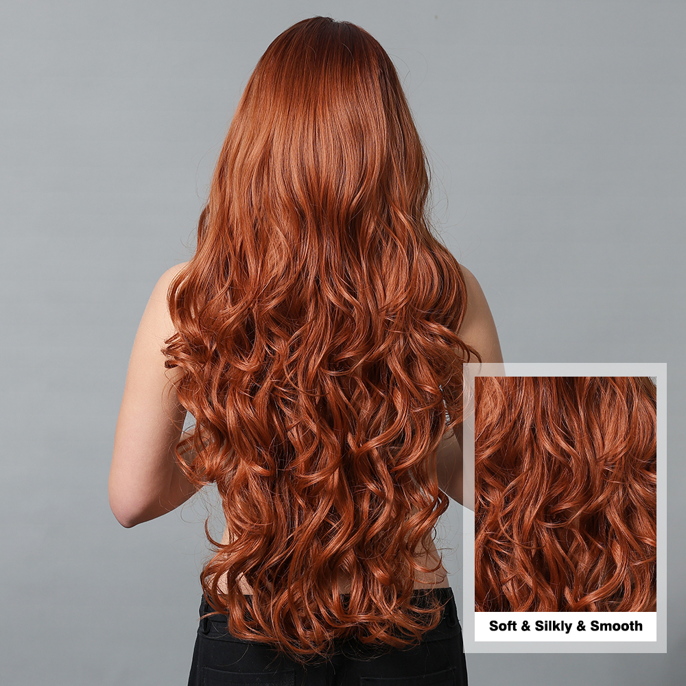 Gemma cobre gengibre longo ondulado peruca sintética vermelho marrom perucas com franja para mulheres cabelo natural cosplay peruca diária resistente ao calor
