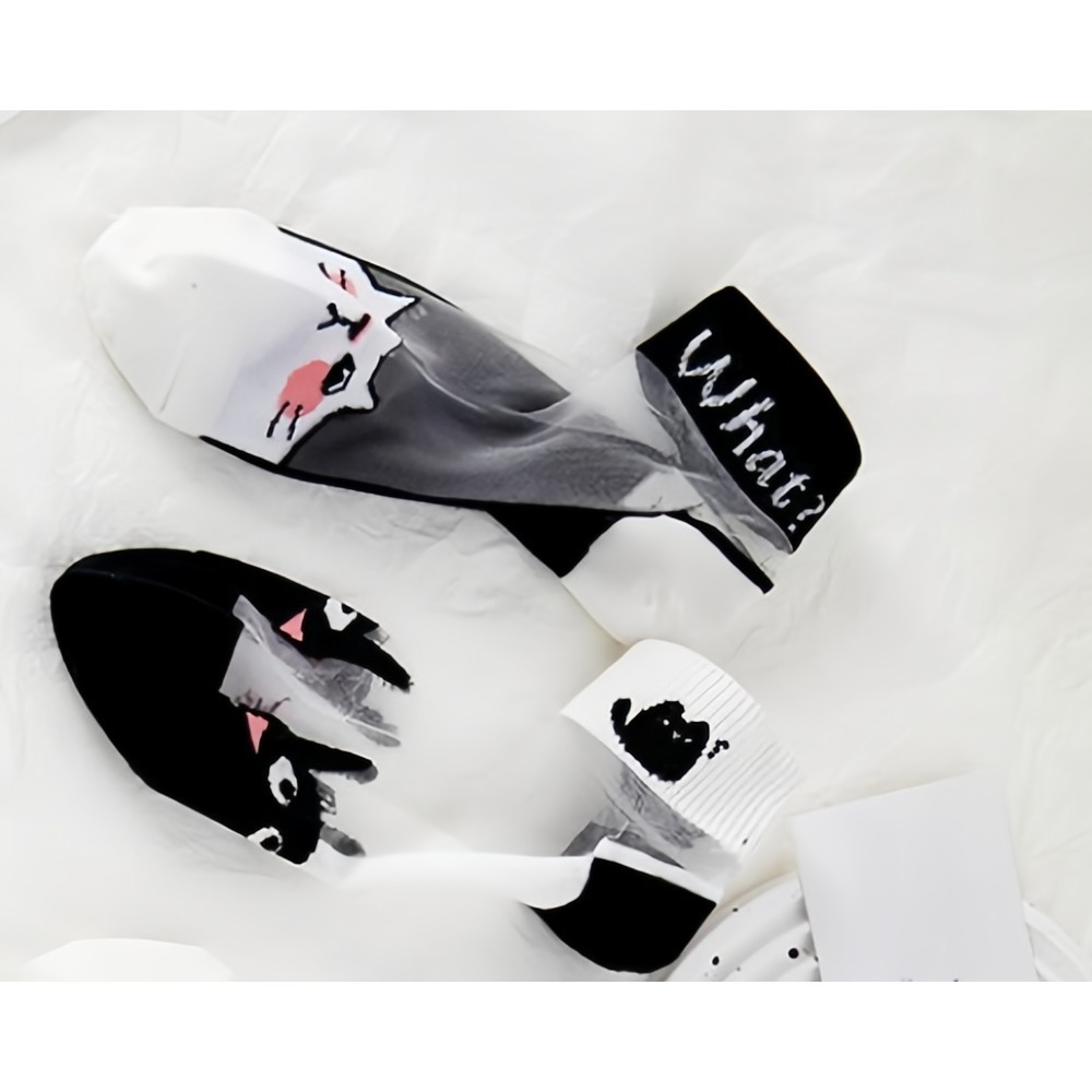5 pares de meias femininas de gato preto e branco, fibra de vidro respirável absorvente de suor, meias de verão resistentes ao desgaste e à prova de odores