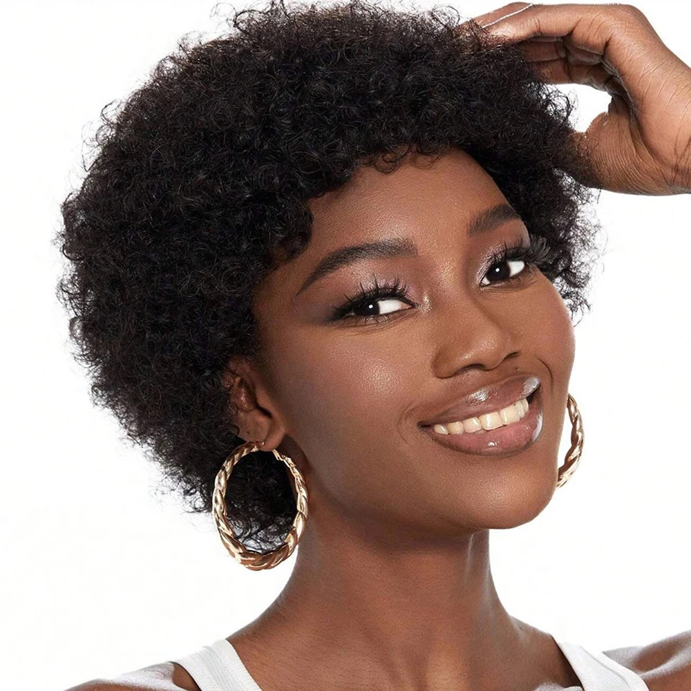 Afro Kinky Curly Pixie ตัด Bangs วิกผมผมมนุษย์สีดําธรรมชาติวิกผมสั้นเต็มรูปแบบทําวิกผมธรรมชาติเปลี่ยนวิกผม