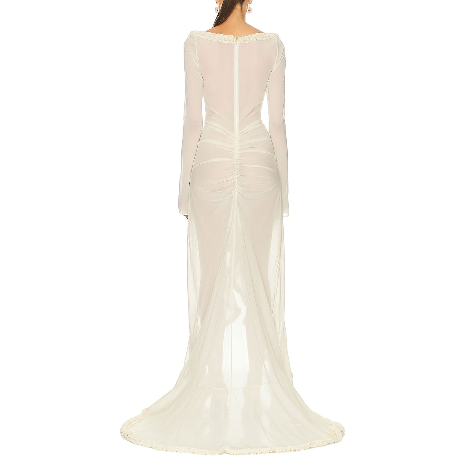 Gaono เซ็กซี่ผู้หญิง Babydoll ชุดชั้นในแขนยาว V คอตาข่ายชุดนอนชุดยาว Frill Trim SHEER Nighty ชุด