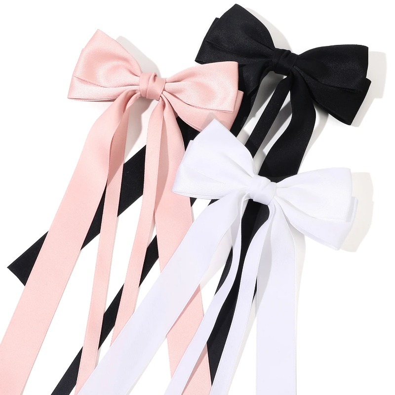 เกาหลีสีทึบริบบิ้นคู่ Bowknot คลิปผมสําหรับหญิงสาวอินเทรนด์โบว์ใหญ่ยาวพู่เงิน Barrettes PIN อุปกรณ์เสริม