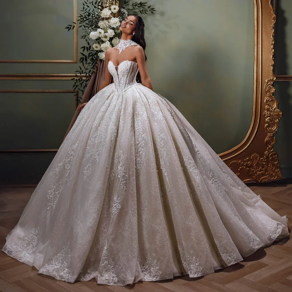 Flavinke Abiti da sposa in pizzo con abito da ballo principessa personalizzato squisito da donna 2025 Abito da sposa senza maniche con strascico da cappella