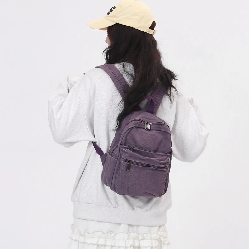 Mochilas pequeñas de lona para mujer, 100% algodón, mochilas escolares para chicas adolescentes, color morado sólido, estilo coreano, ropa informal