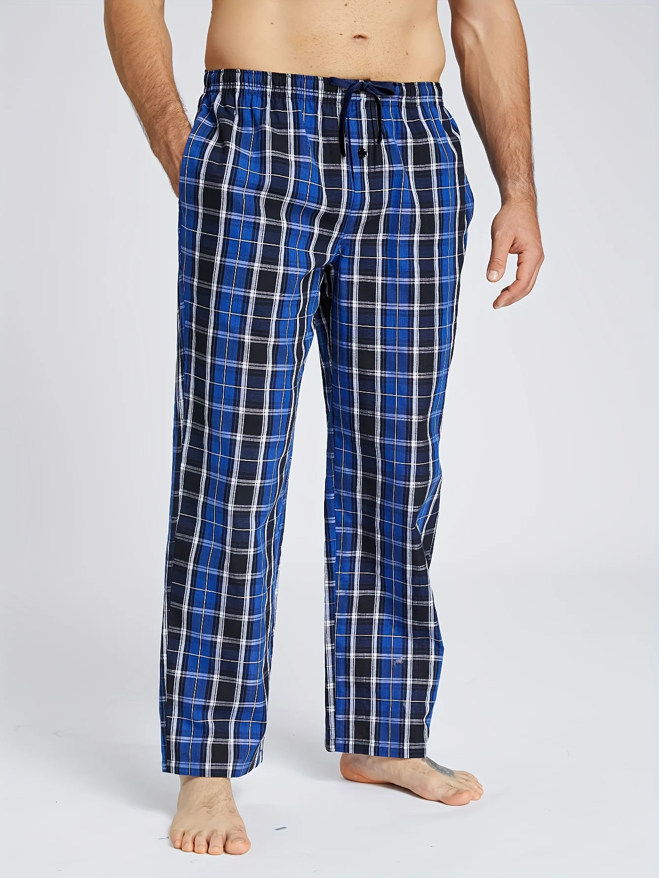 Herren-Pyjamahose, Herbst, neu, kariert, 100 % Baumwolle, dünn, weich, bequem, elastischer Bund mit Taschen, Heim-Lounge-Hose
