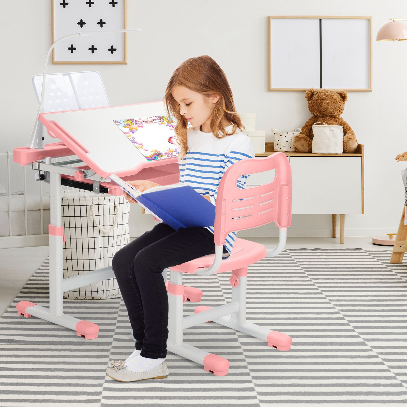 Kinderschreibtisch und Stuhl-Set für Kinder, Arbeitszimmer, Schreibtisch-Set mit verstellbarem Schreibtisch, Rosa