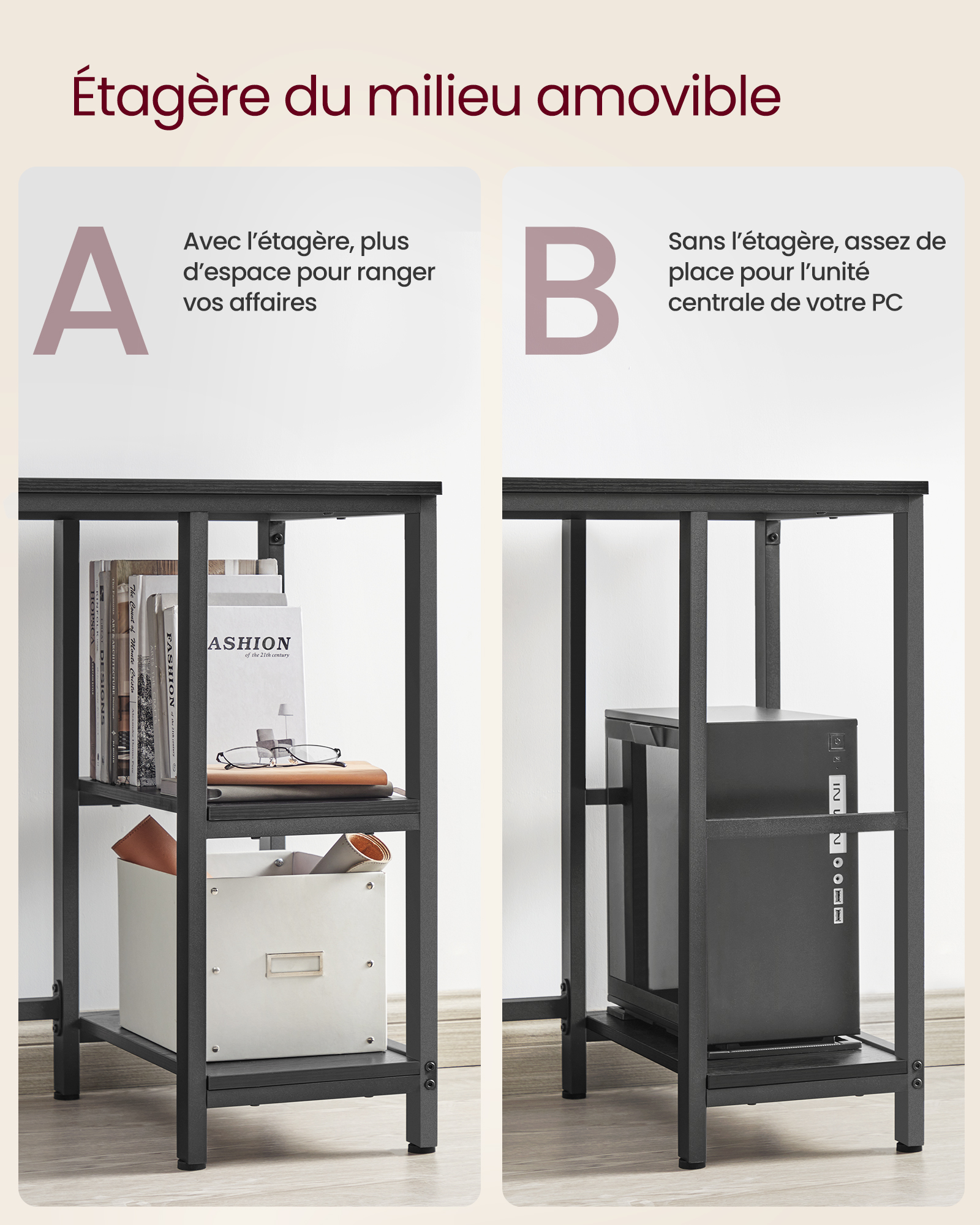 VASAGLE Bureau avec Rangement, Bureau d'angle en L, Poste de Travail avec Étagères, Table, pour Télétravail, Gain de Place, Facile à Assembler, Industriel