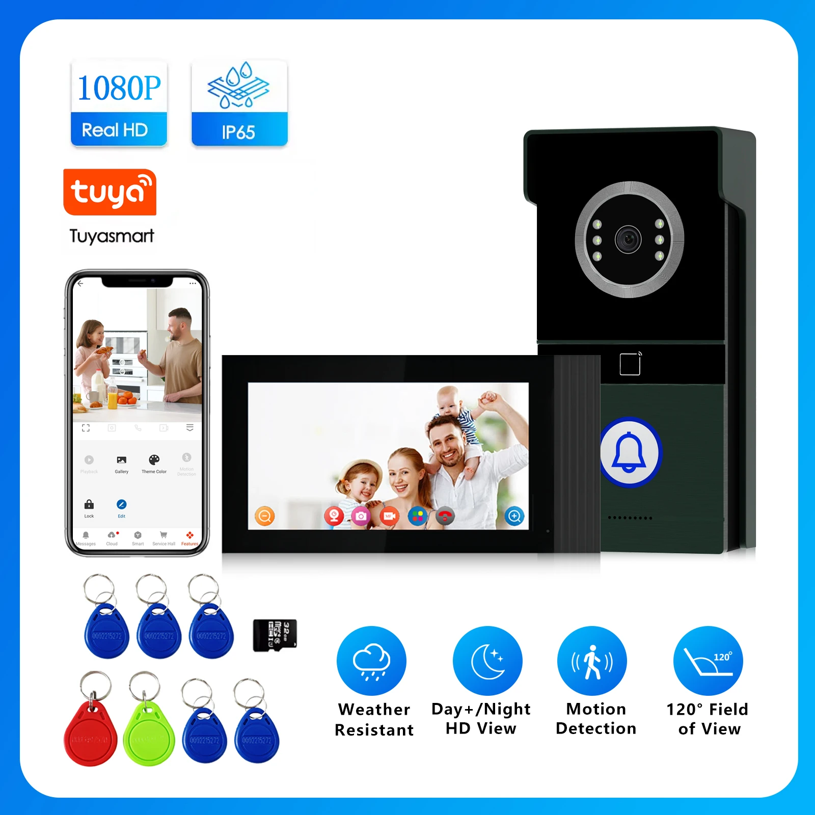 Vídeo porteiro Tuya de 7 polegadas 1080P, porteiro eletrônico com câmera e visão noturna, interfone com câmera e suporte para desbloqueio remoto
