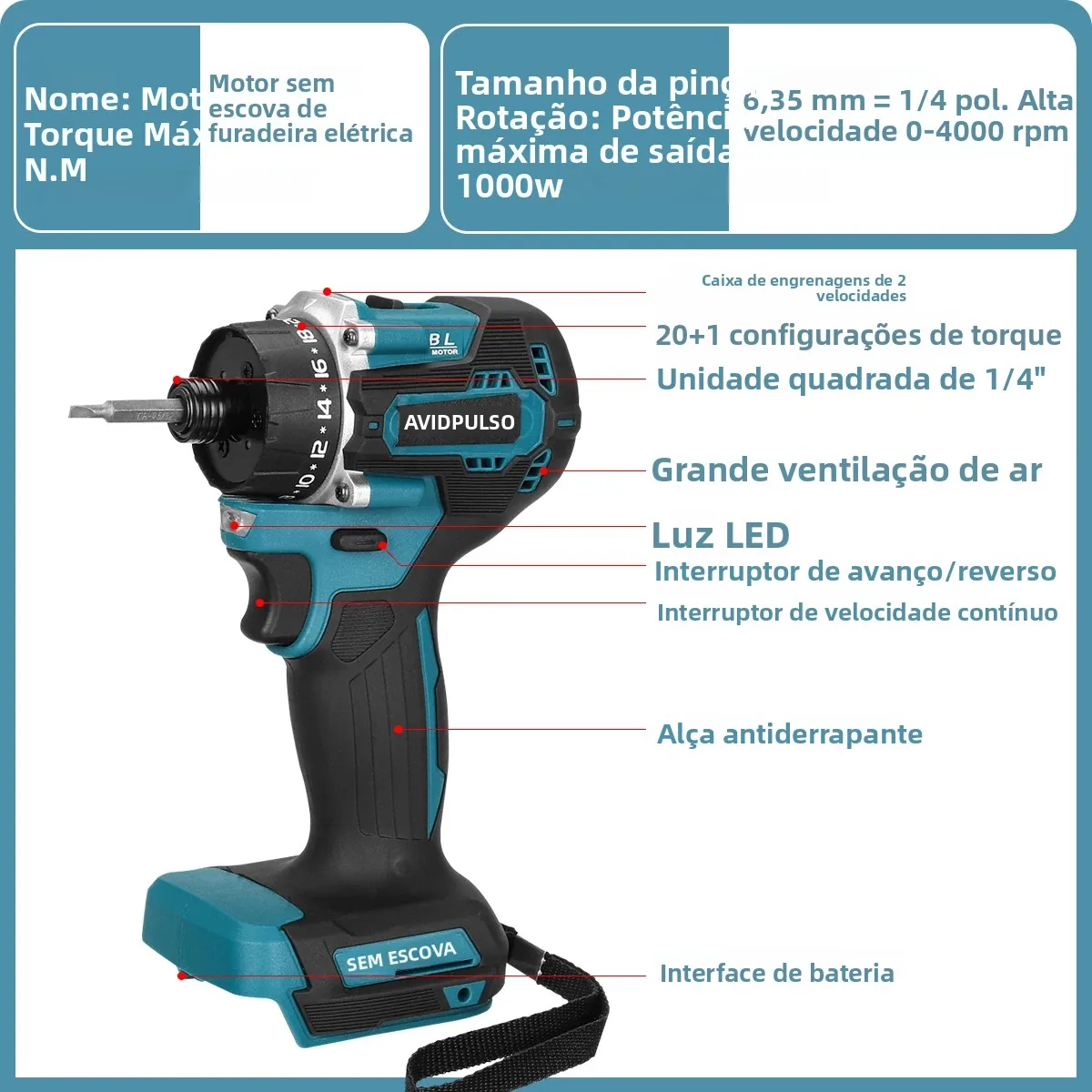 AvidPulse 20 + 1 Torque 1/4 polegadas Chave de fenda elétrica sem escova sem fio 280N.m Furadeira elétrica Ferramenta elétrica para Makita 18v Bateria