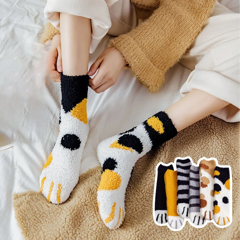ผู้หญิงฤดูหนาว WARM Fluffy ถุงเท้าสัตว์น่ารัก Claw Cat PAW Footprint Fuzzy ถุงเท้าหญิงหนาขนแกะปะการังชั้น Sleep ถุงเท้า