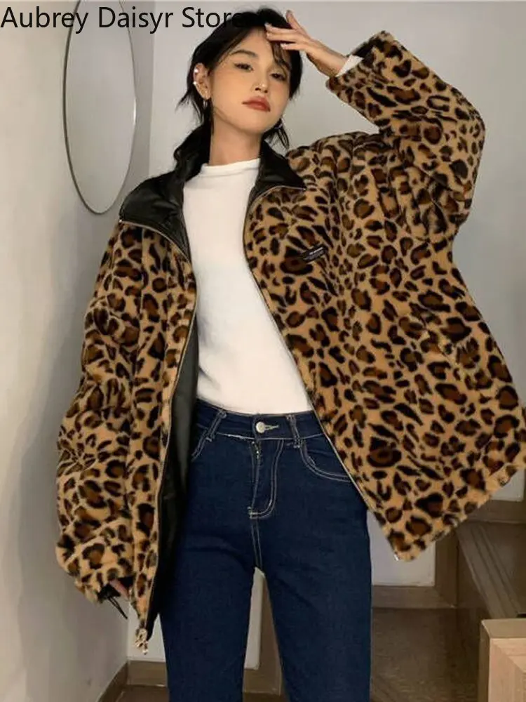 Winter Warme Leder Jacke Frauen Dicke Leopard Print Faux Lamm Pelzmantel Harajuku Schnee Lose Futter Reversible Tragen Mantel Weibliche