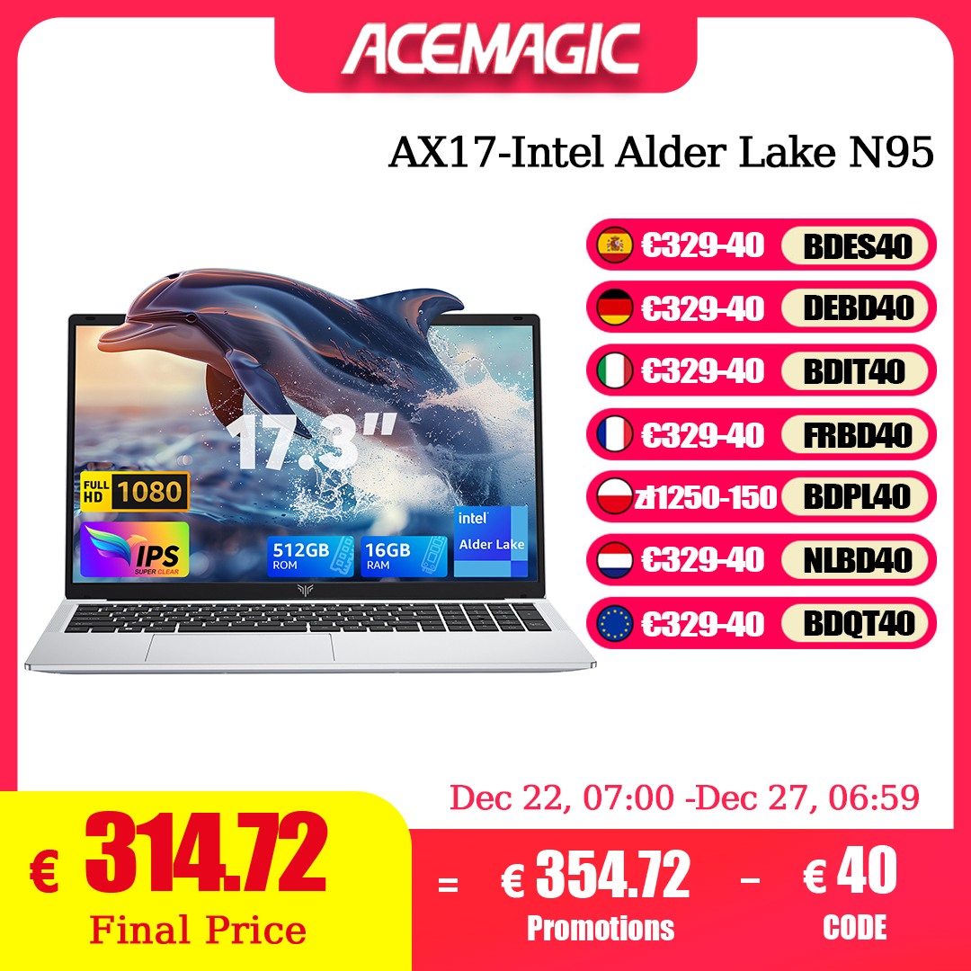 Portátil ACEMAGIC Portátil FHD de 17,3” Intel Alder Lake N97 16GB RAM 512GB SSD Windows 11 Pro Notebook 180 °   Computadora abatible Wifi5 BT5.0