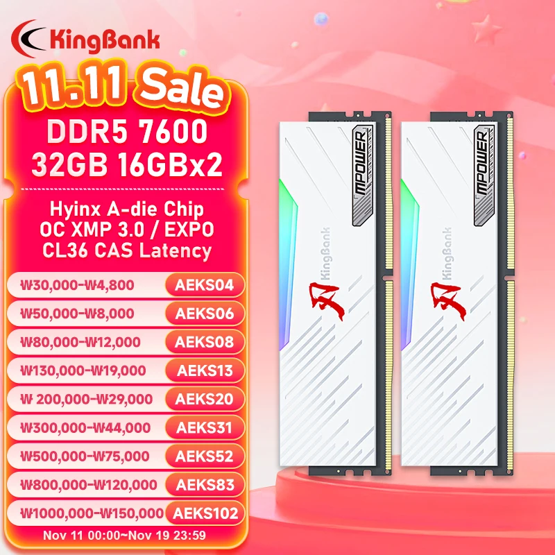 KingBank Memoria Ram RGB DDR5 16 GB 7600 MHz MPOWER XMP 3.0 16 GB x 2 Stück UDIMM Desktop UDIMMRAM PC Computerspeicher Hynix A Die Chip