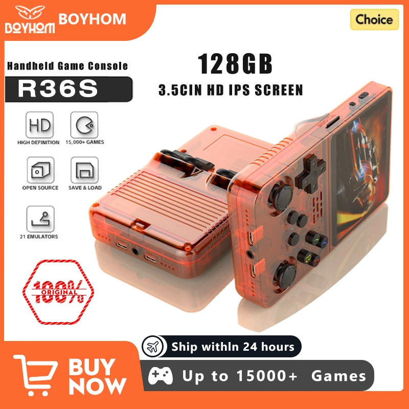 Consola de videojuegos R36S de código abierto de 128G, sistema Linux, pantalla IPS de 3,5 pulgadas, reproductor de vídeo portátil de bolsillo naranja, los mejores juegos 64GG