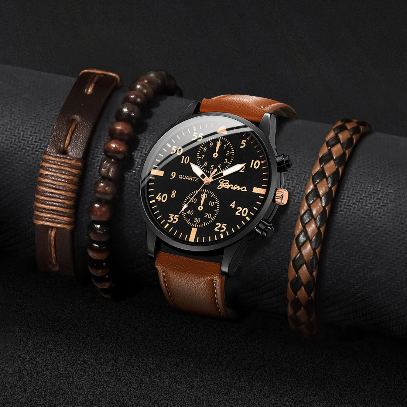 Conjunto de relojes de negocios para hombre, pulsera de cuarzo con esfera árabe, de cuero, Vintage, sin caja, 4 unidades