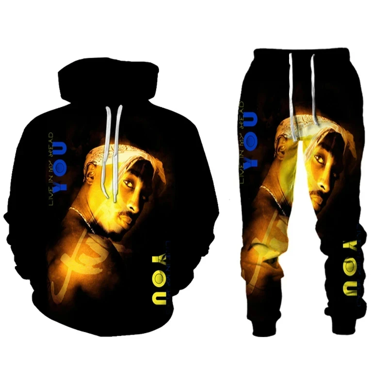 Rap cantor 2 pac tupac 3d impresso moletom com capuz terno masculino moletom moletom casual moda duas peças conjunto de treino roupas masculinas