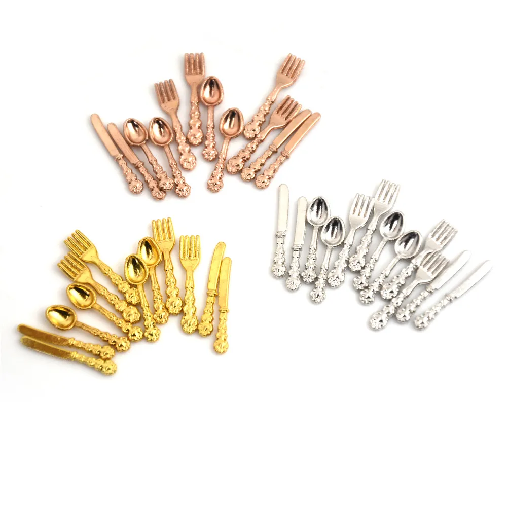 12 Teile/satz Vintage 1:12 Puppenhaus Miniaturen Geschirr Mini Besteck Messer Gabel Löffel Kinder Spielzeug Für Puppe Haus Dekor
