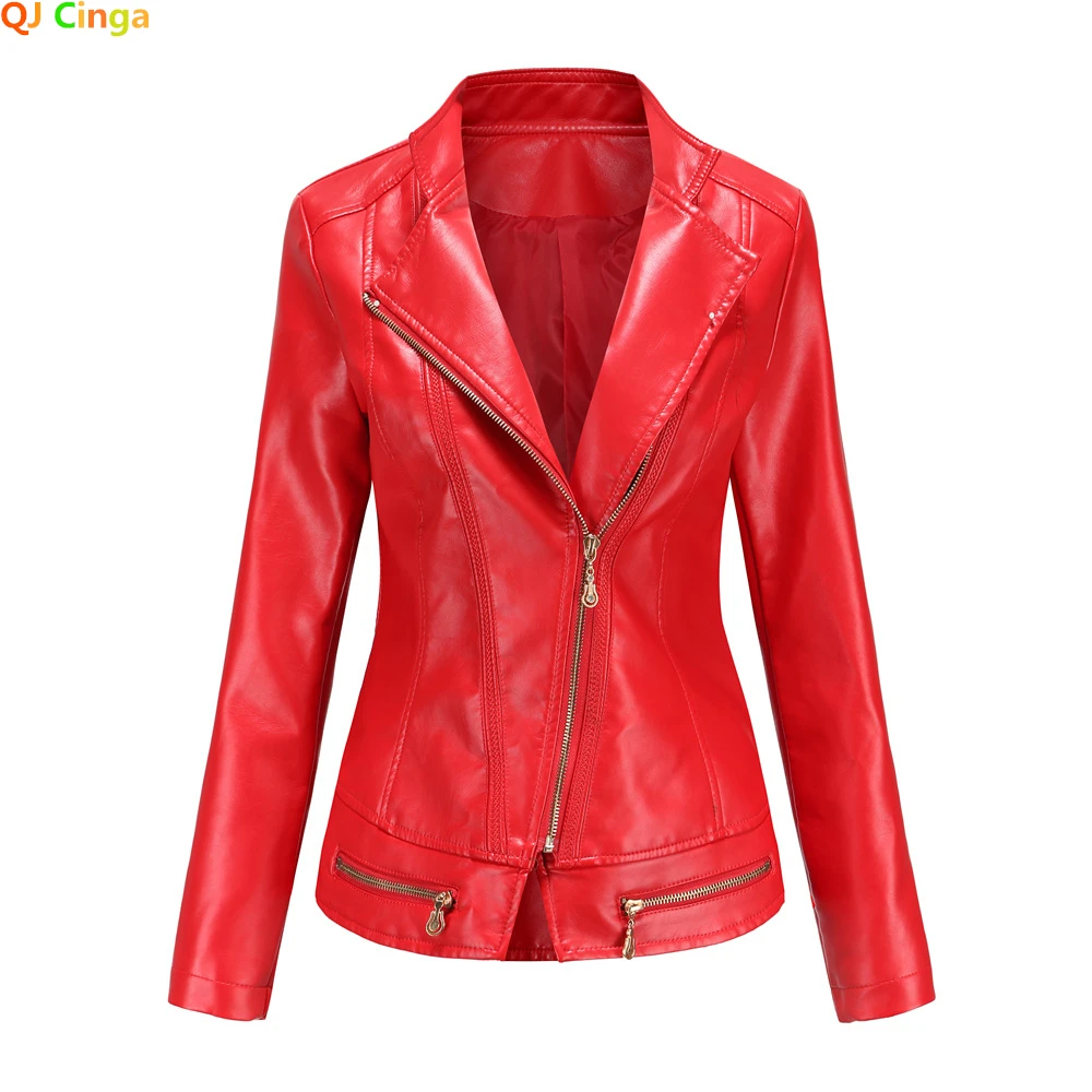 Helle Rot Revers PU Jacke frauen Reißverschluss Verziert Leder Jacke Frauen Mode Lässig Mantel der Weiblichen Oberbekleidung