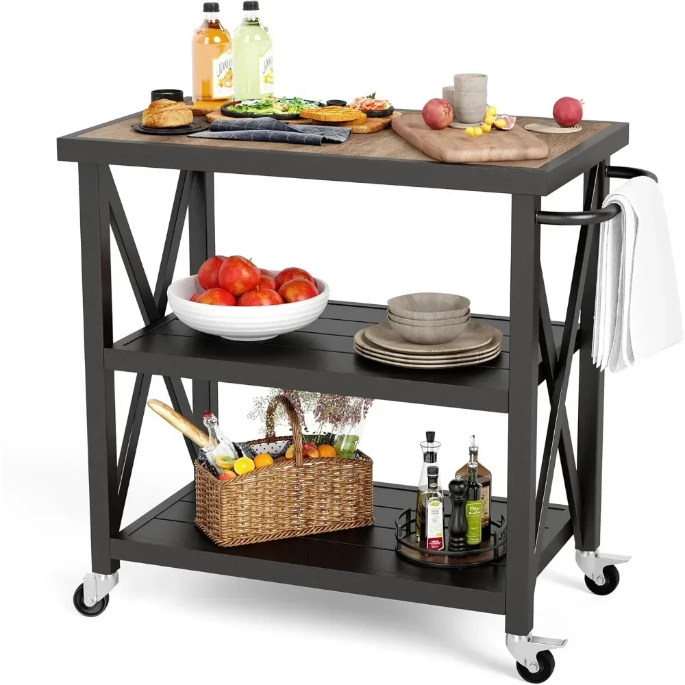 Outdoor Grill Table, Elegant Grill Cart with Ceramic Wood Grain Table Top, Serving Cart with Shelves, Patio Grilling Backyard