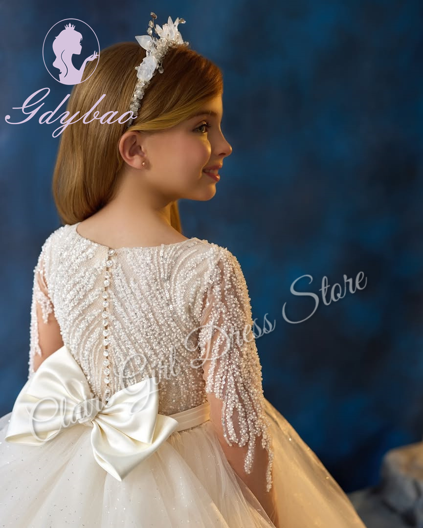 Customized Elegant Flower Girl Dresses For Wedding Sequins With Bow Puffy Princess Birthday Party First Communion Ball Gown