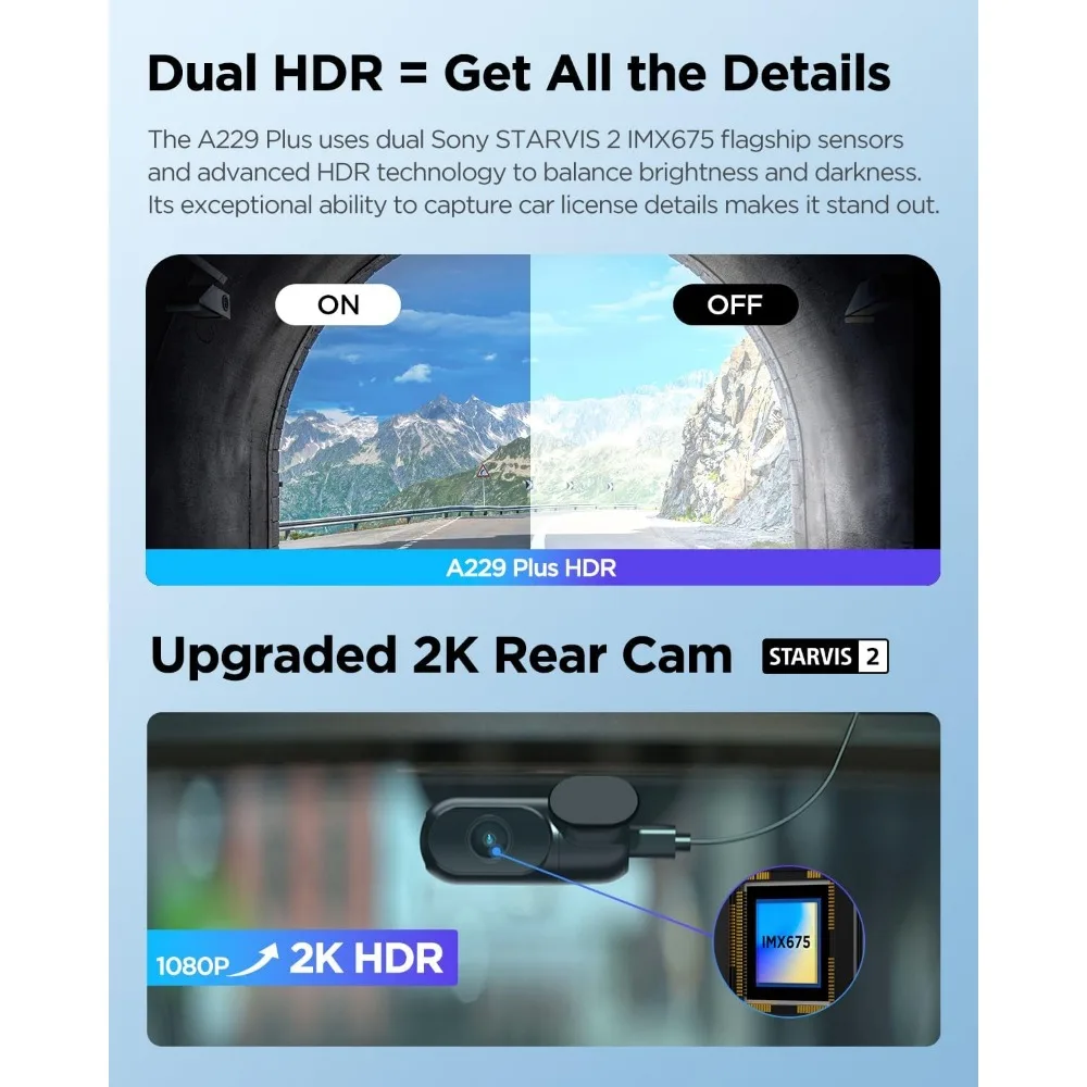 A229 Plus Dash Cam Front and Rear, Dual STARVIS 2 Sensors, 2 Channel HDR, , Support 512GB Max, Voice Control, Ultra-Precise GPS