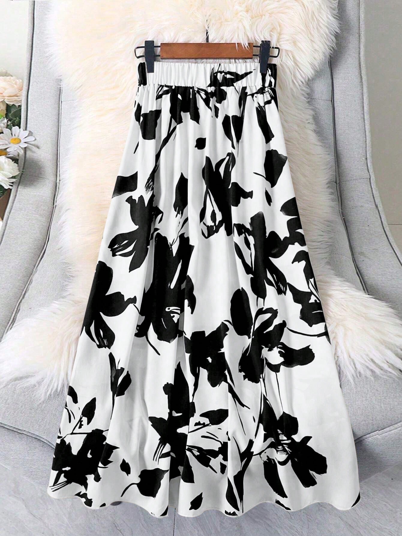 ¡2025 Recomendación caliente! Negro - y - Tinta blanca - Falda larga con estampado floral lavado. El elástico - El diseño de cintura ofrece comodidad y F