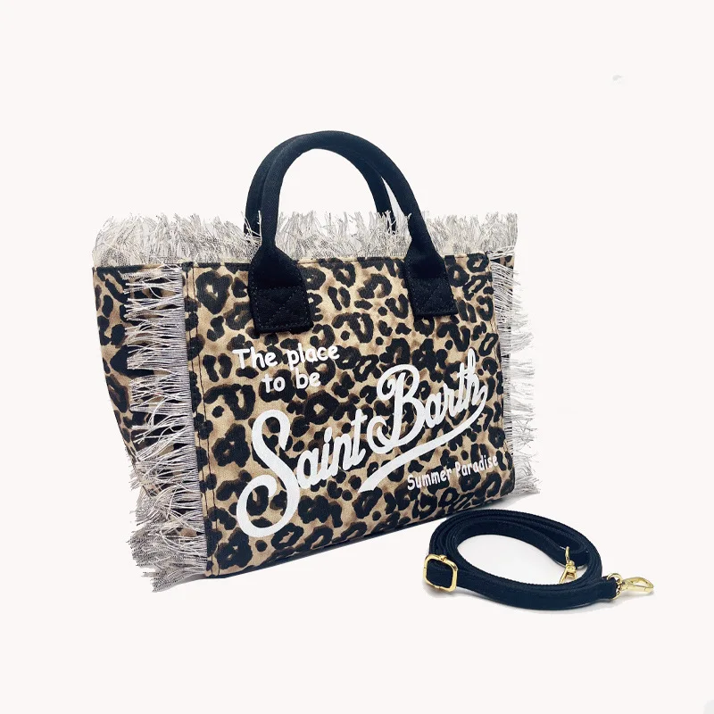 SAINT BARTH New Women's Large Capacity Leisure Travel Leopard Pattern Small Canvas Handmade Tassel Handbag Tote Bag Mommy Bag