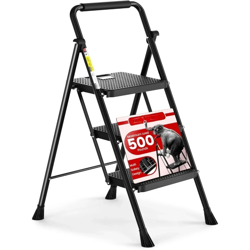 Step Ladder, Folding Step Stool with Wide Anti-Slip Pedal, Sturdy Steel Ladder,Handrail, Lightweight, Portable Steel Step Stool