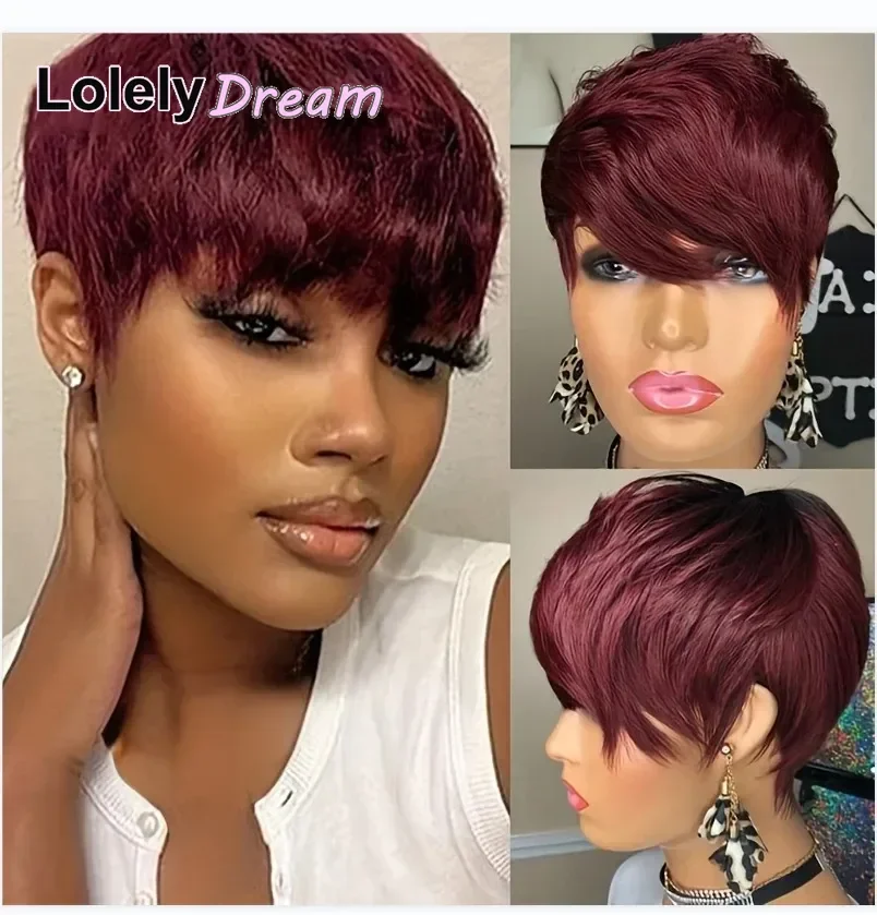 Lolely sonho em linha reta remy perucas de cabelo humano para as mulheres completa máquina feita borgonha 99j cor curto bob pixie corte peruca com franja