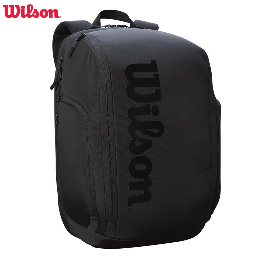 Wilson Roger Federer กระเป๋าเทนนิสสีดํา Pro Staff V13 Super Tour Team กระเป๋าเป้สะพายหลังเทนนิสสําหรับ 2 แร็คเก็ตพร้อมช่องแยก