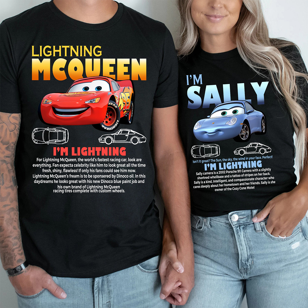 Divertido Sally I'm Lightning Car Outfit camiseta para hombres mujeres Mcqueen camiseta 100% algodón nueva llegada ropa amor regalo para pareja
