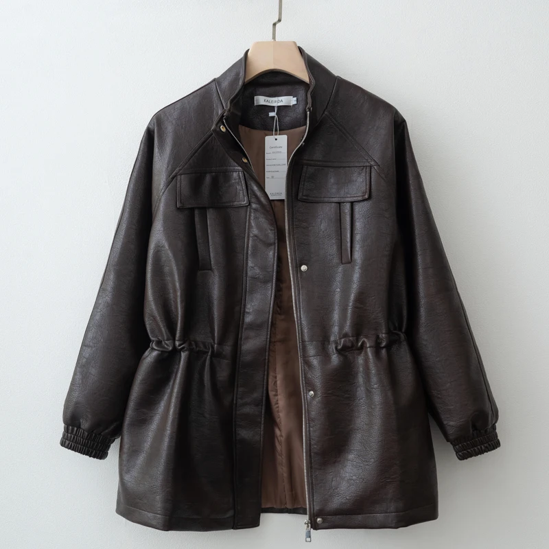 Women Fashion 2025 Fall / Autumn Pu Leather Jacket with Elastic adjustable waist Female Coat and Outerwear