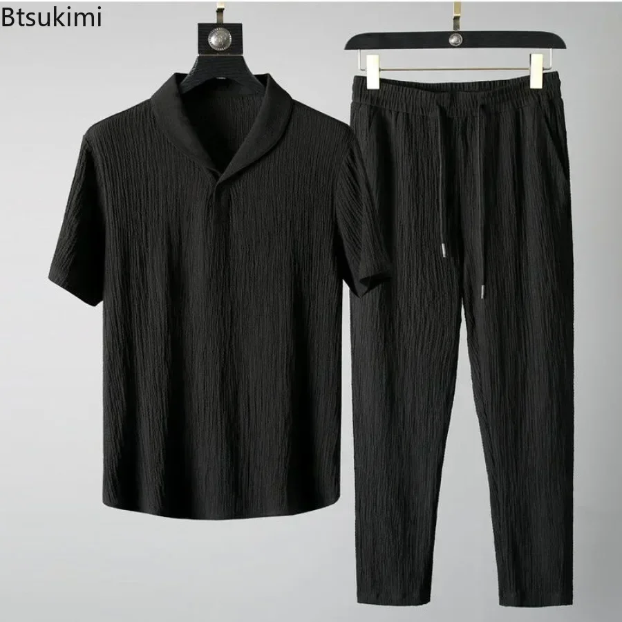Conjuntos informales de estilo coreano para hombre, ropa de calle a la moda, Tops cómodos con solapa lisa y pantalones, traje para correr, chándal, verano 2025
