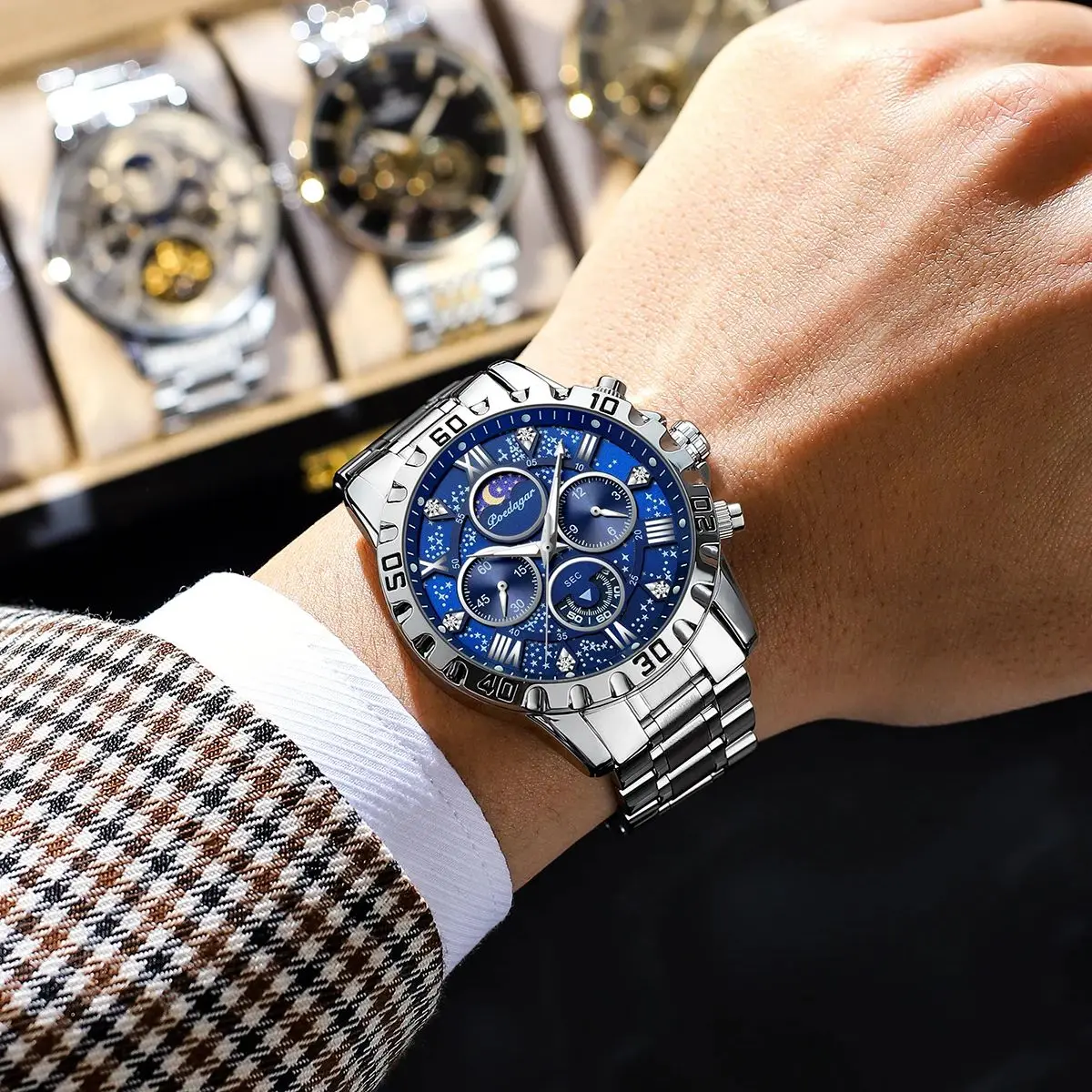 Reloj de pulsera POEDAGAR de lujo para hombre, cronógrafo luminoso resistente al agua, reloj de cuarzo para hombre, relojes deportivos informales de acero inoxidable para hombre