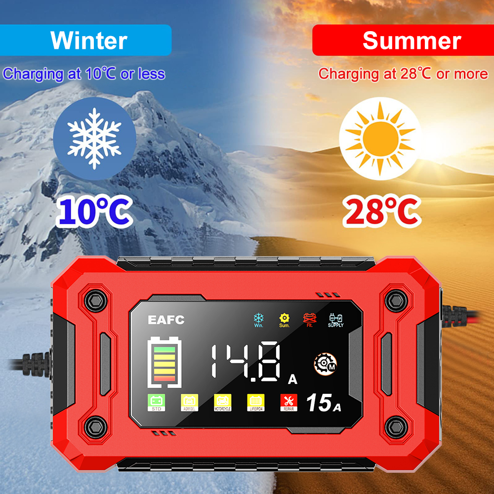 Nieuwste 12V Auto Acculader 15A/8A Puls Reparatie Grote Display Slimme Oplader voor Auto Motor Lood-zuur AGM GEL Batterijen