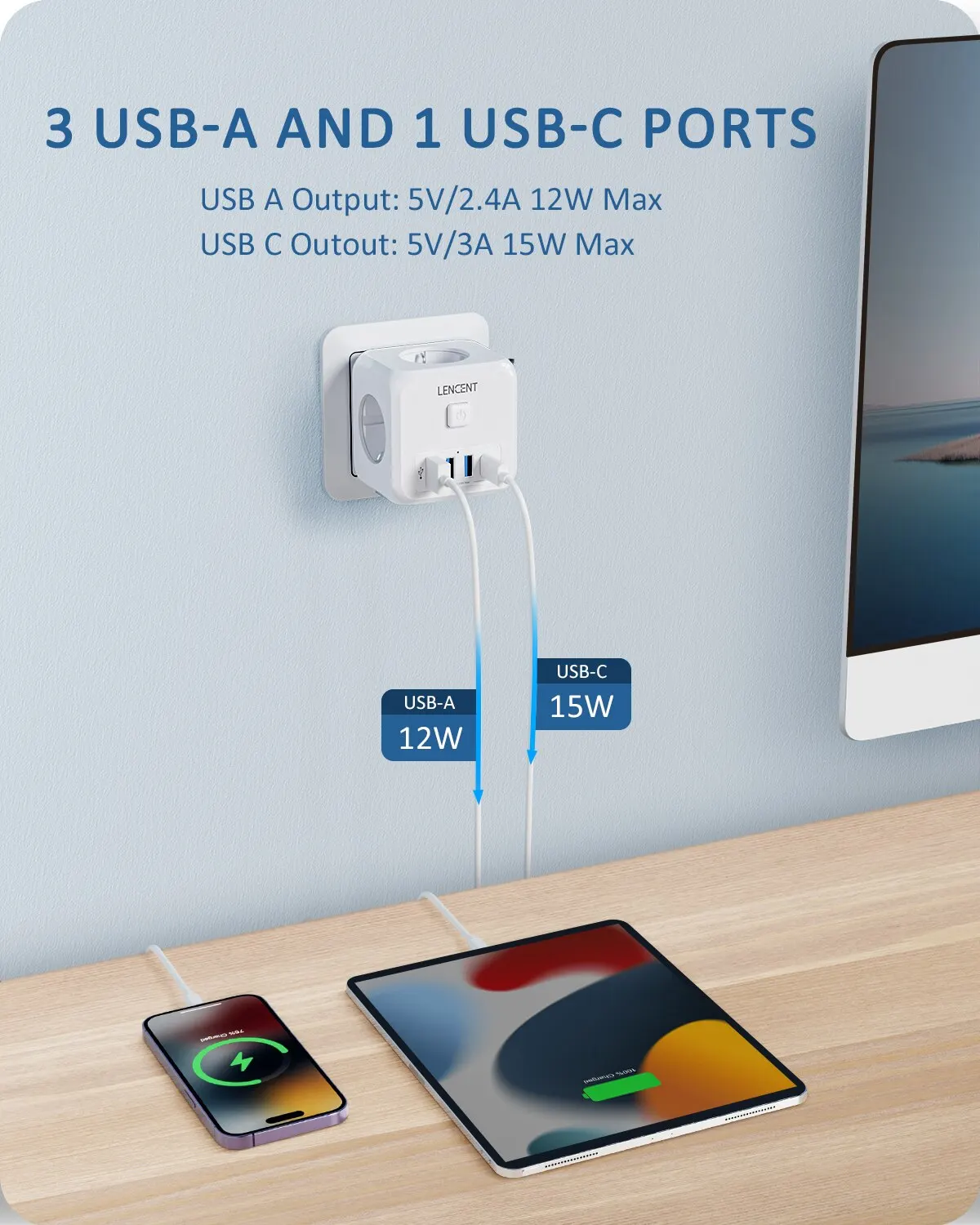 LENCENT Wandsteckdosen-Extender mit 3 AC-Steckdosen, 3 USB-Anschlüssen und 1 Typ C 7-in-1 EU-Stecker-Ladegerät Ein/Aus-Schalter für Zuhause