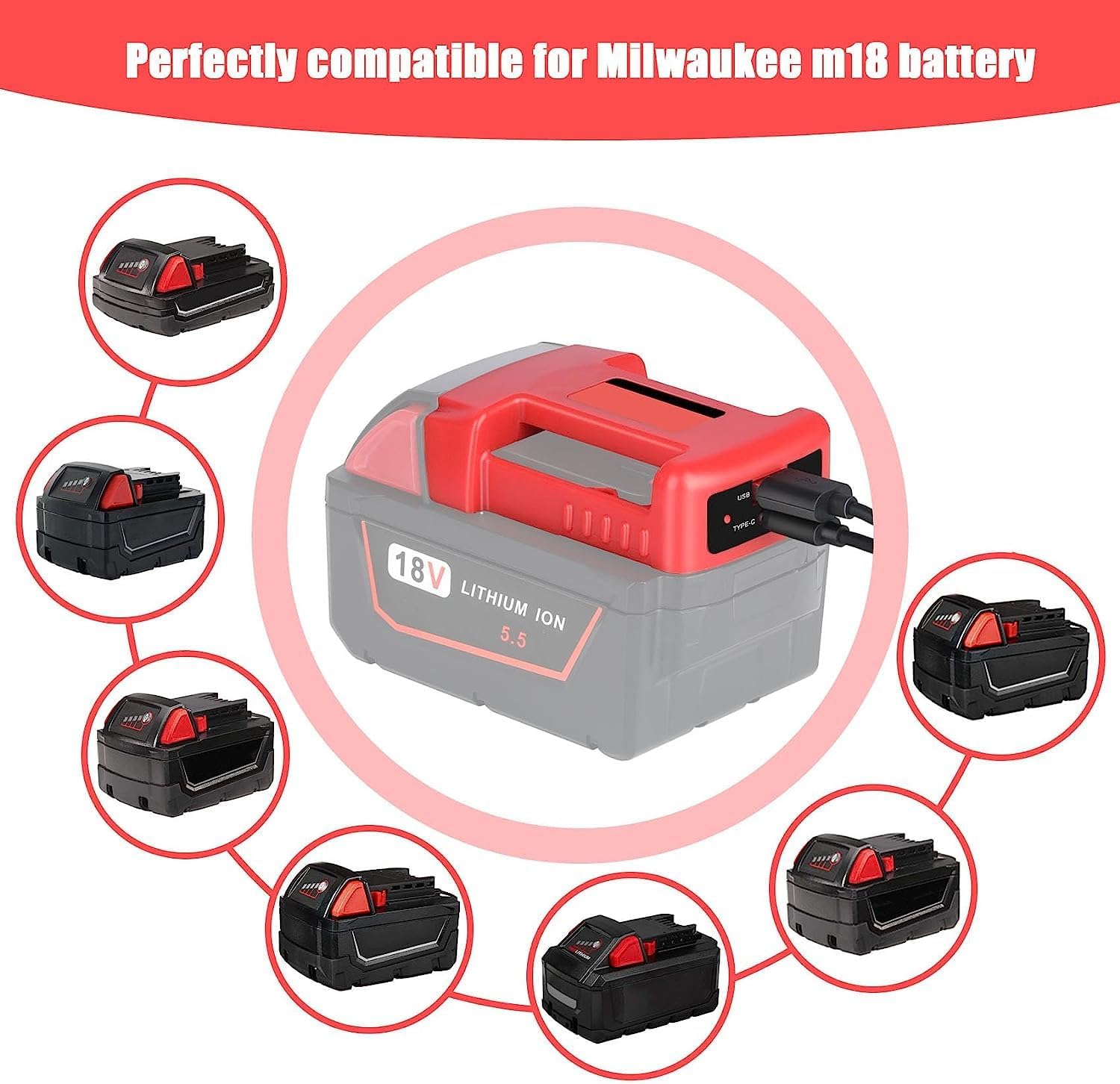 USB Charger Adapter Compatible for Milwaukee 18V Battery Dual Output Port with USB and Type-C Charging Interface(Adapter Only)