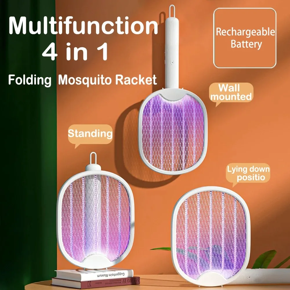 Matamosquitos eléctrico plegable de 3000V, trampa para moscas recargable por USB, matamoscas, raqueta, mata insectos con luz UV, Exterminador de insectos