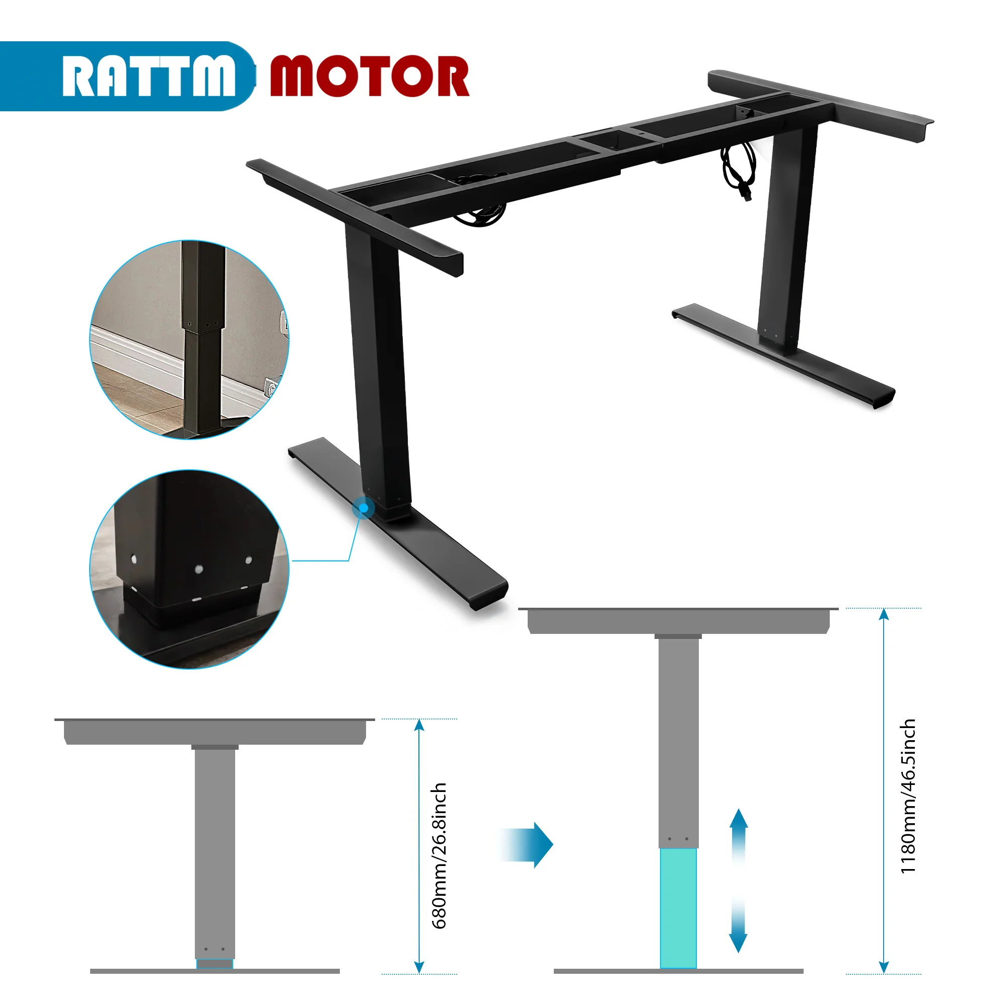 Black/White Electric Stand Up Desk Two/Three Sections Electric Dual Motor Height Adjustable Table Lifting Desk Frame