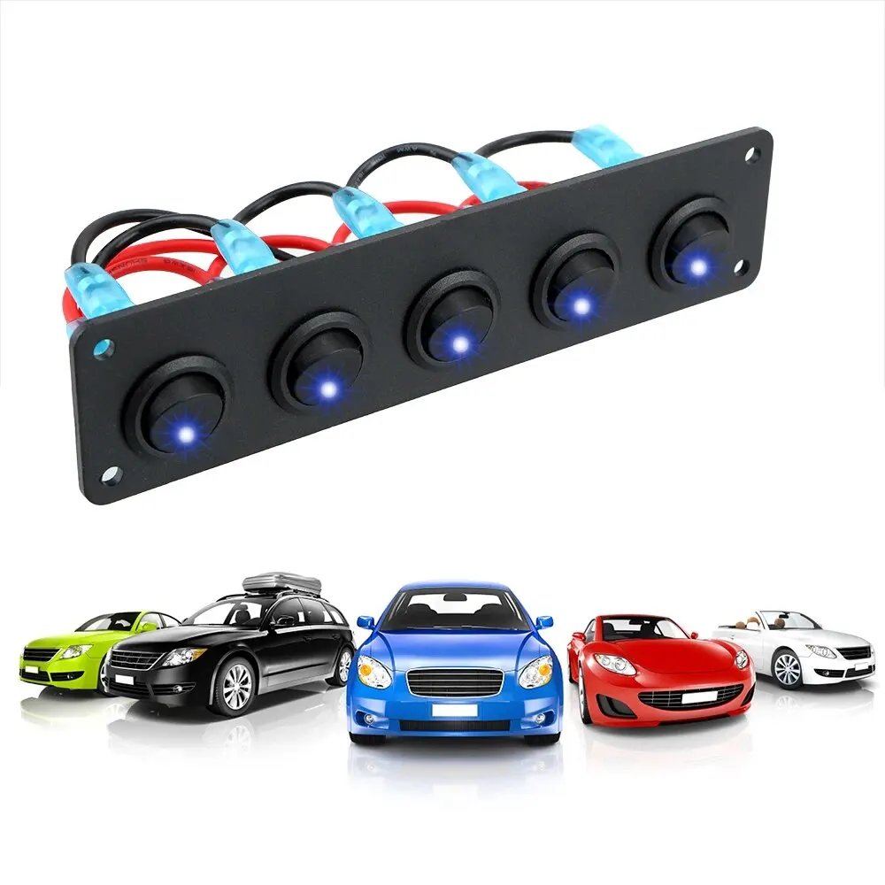 Panel de interruptor basculante de tablero redondo, 12-24V, 5 entradas, piezas interiores para RV, barco, yate, MarineCar, LED azul impermeable